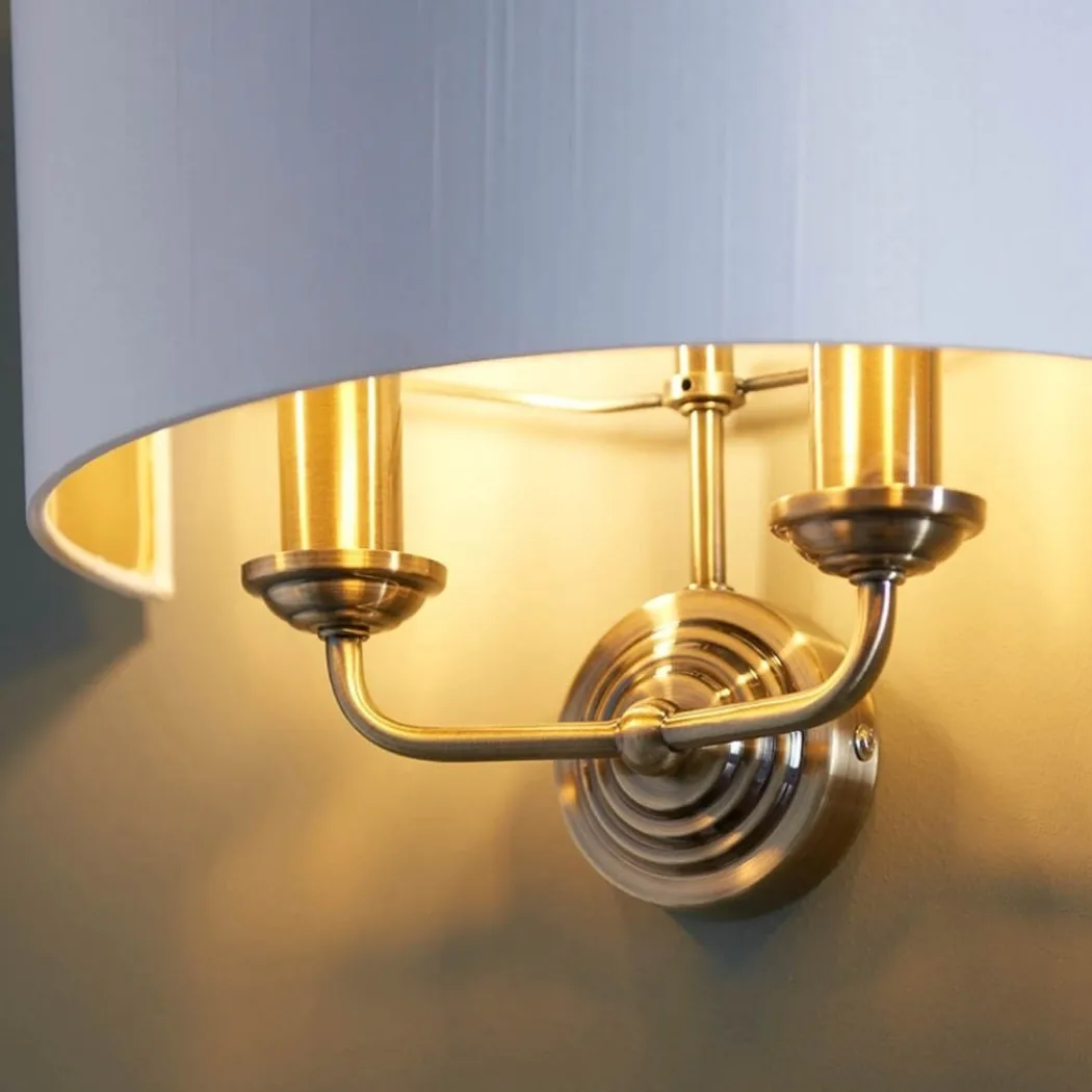 Highclere 2 Light Antique Brass Wall Light with White Shade