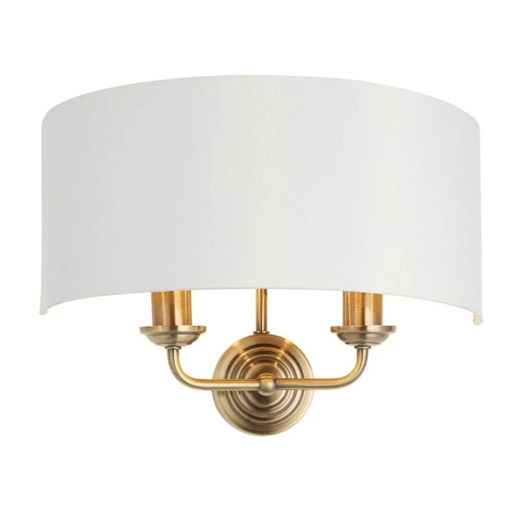 Highclere 2 Light Antique Brass Wall Light with White Shade
