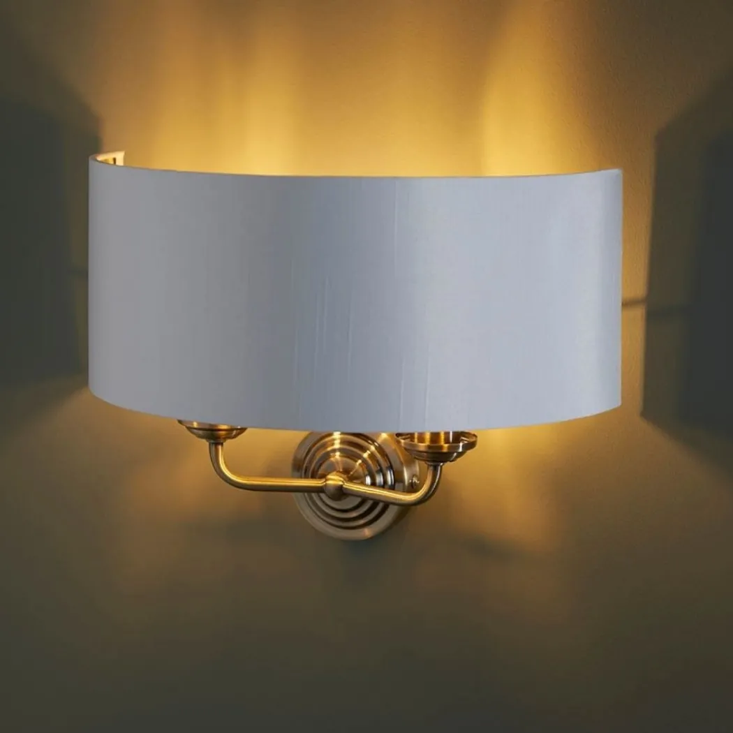 Highclere 2 Light Antique Brass Wall Light with White Shade