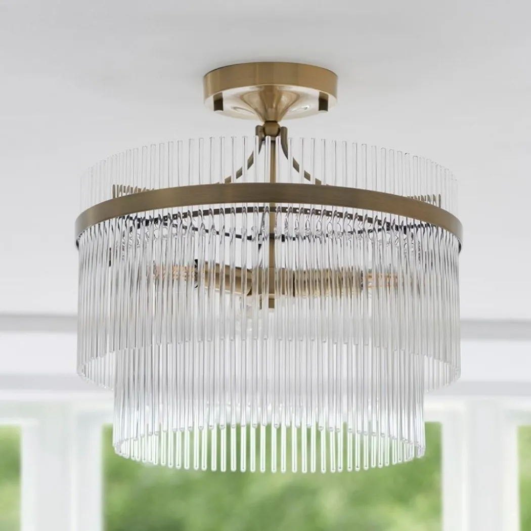 Marietta 3 Light Antique Brass & Glass Semi Flush Ceiling Light