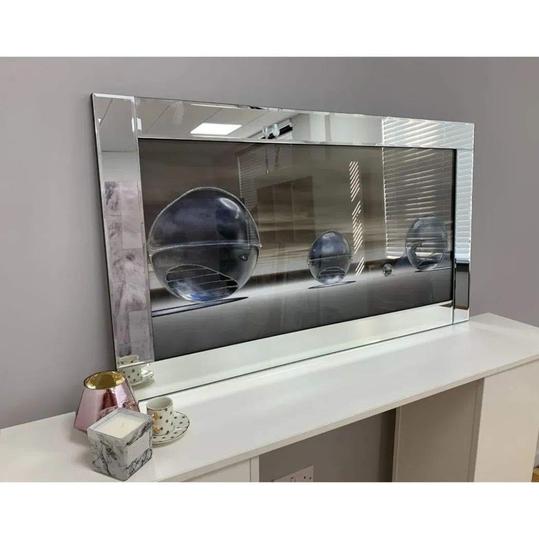 Metallic Silver Liquid Art with Mirrored Frame 67x117cm