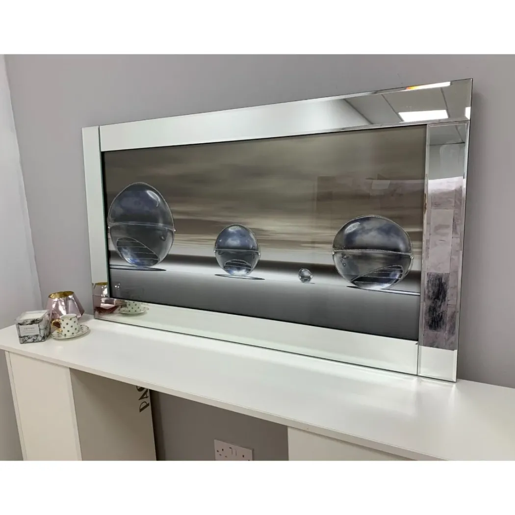 Metallic Silver Liquid Art with Mirrored Frame 67x117cm