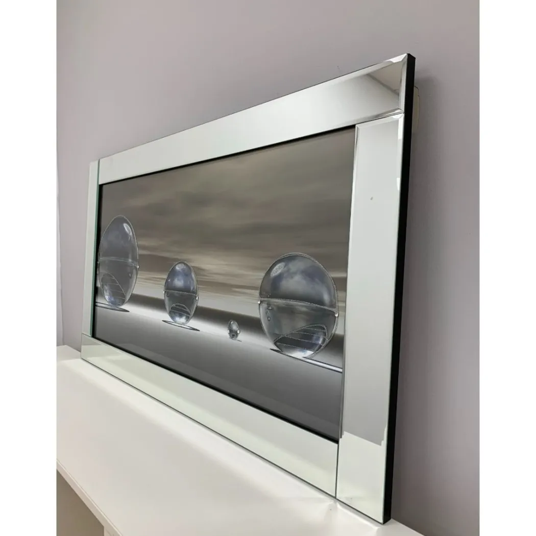 Metallic Silver Liquid Art with Mirrored Frame 67x117cm