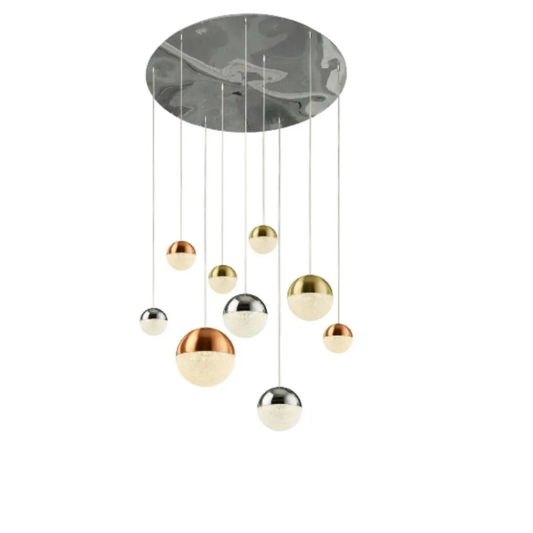 Planets 9 Light Polished Chrome, Satin Brass and Copper Pendant Ceiling Light