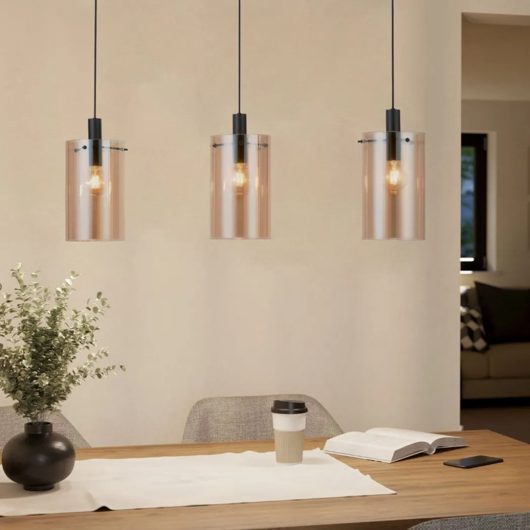 Polverara 3 Light Black & Amber Glass Ceiling Pendant Bar