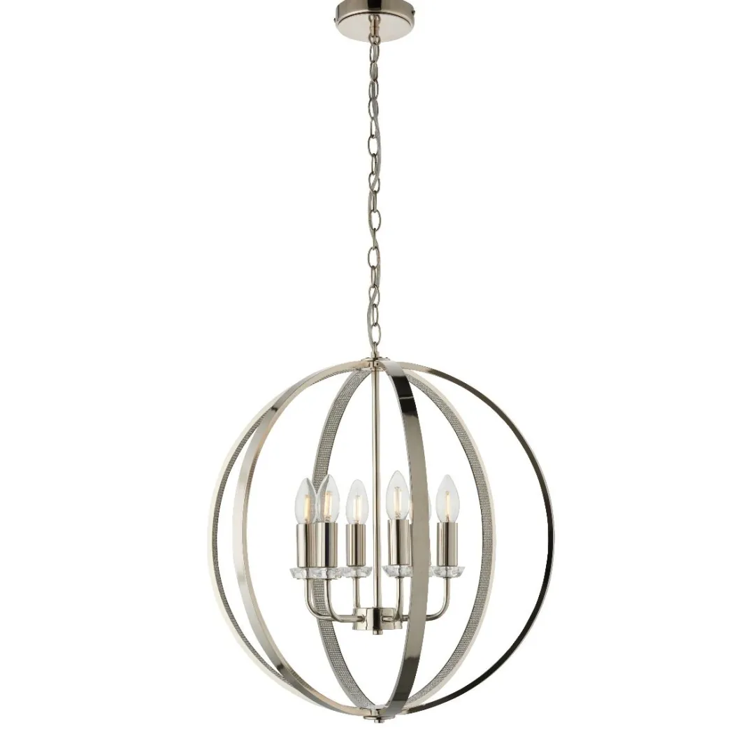 Ritz 6 Light Nickel and Crystal Ceiling Pendant