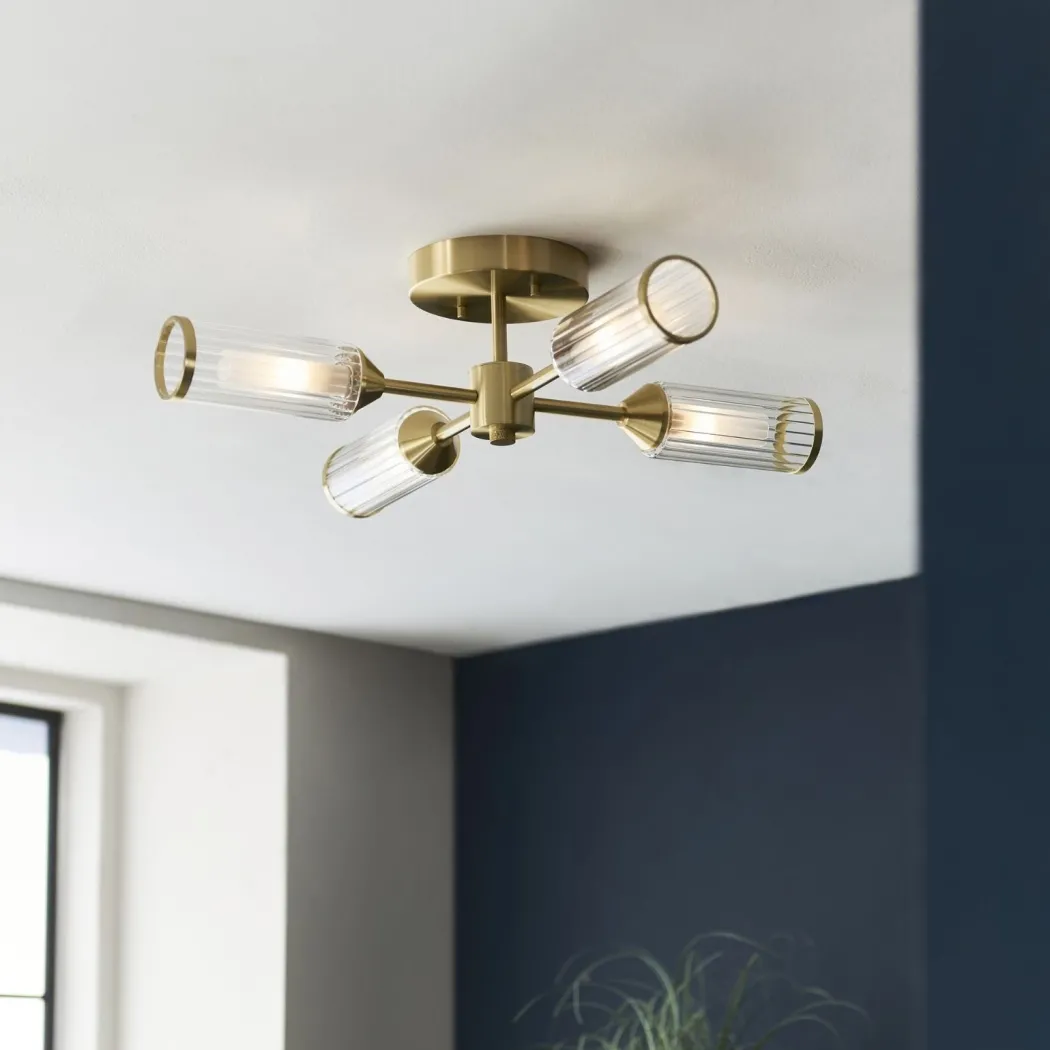 Tour 4 Light Gold & Glass Semi Flush Ceiling Light